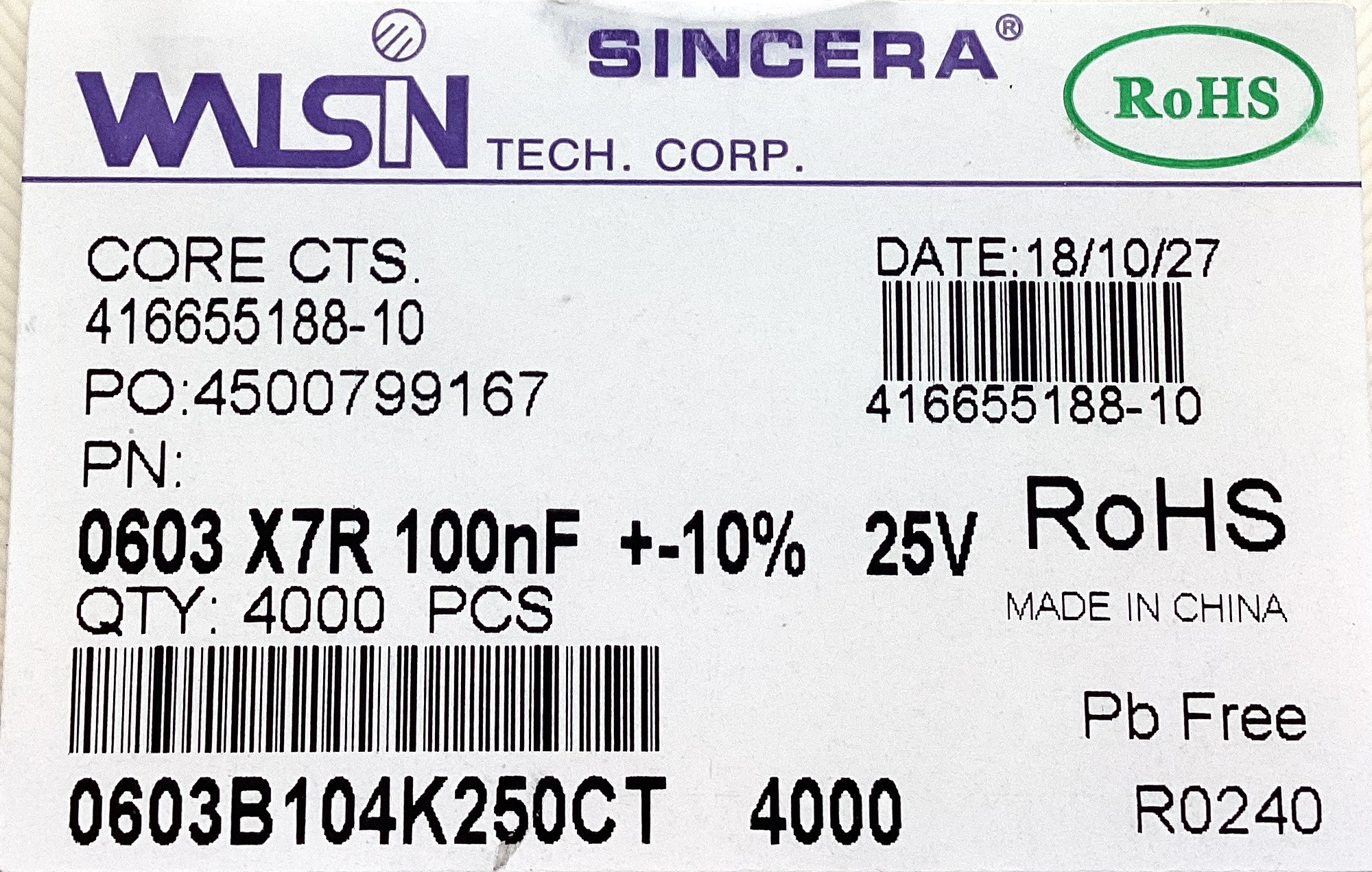 0603B104K250CT